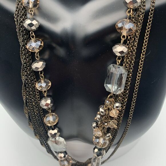 Vintage 7-layer Metal chains and Crystals Necklace, Unmarked - Picture 1 of 4